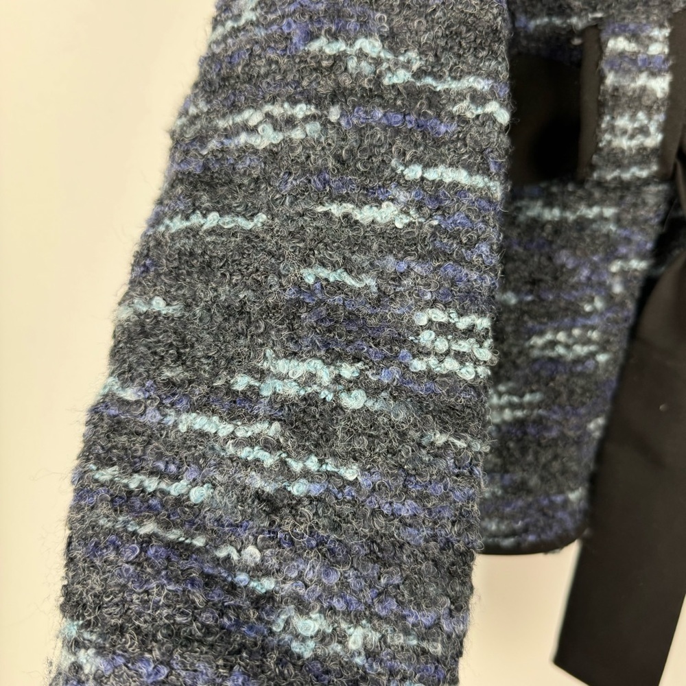 Sandro Tie Waist Blazer Jacket Tweed Textured Wool Blend Blue Black, Size Small - Picture 4 of 12